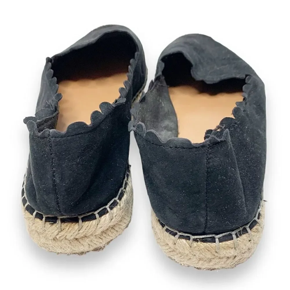 Crown Vintage Brae Espadrille Platform Slip-On Black Suede Scalloped Trim Sz 7.5